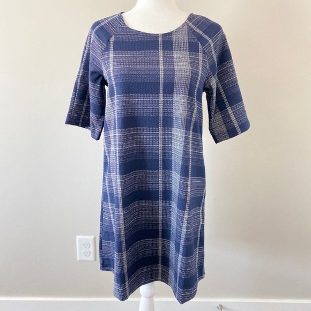 Blue Gray Plaid MANGO Round Neck Casual Relaxed Short Sleeve Shift Dress (NWT)